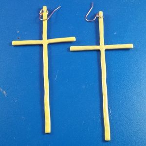 Yellow Enamel Hammered Metal Large Cross Earrings